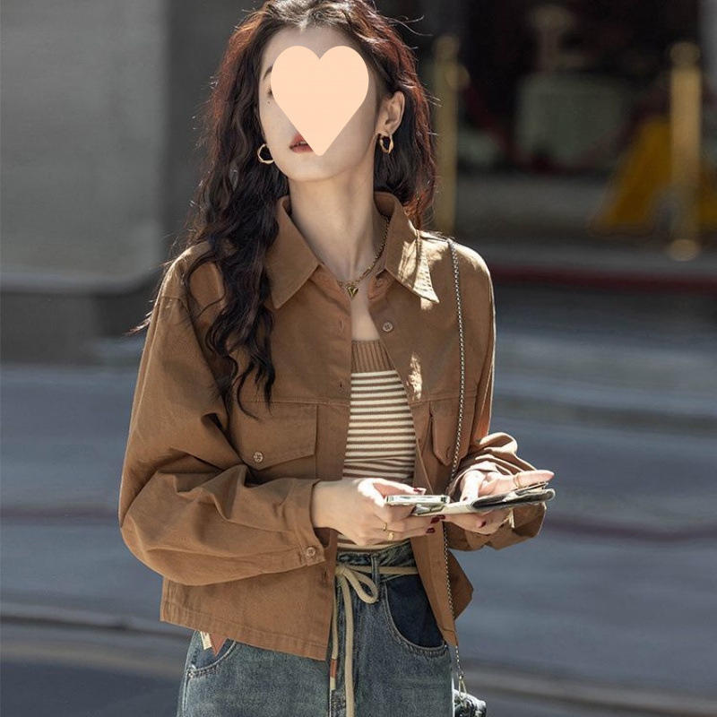 外套女春秋设计感港风上衣复古长袖衬衫洋气短款纯色小个子衬衣女|undefined