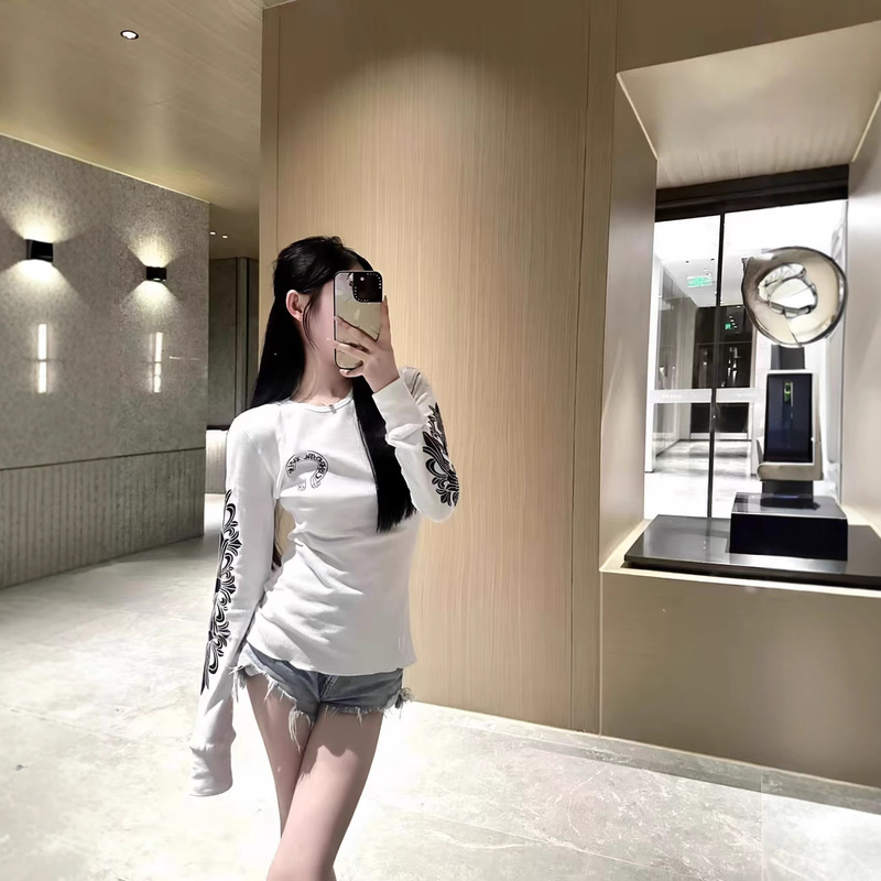 Correct Version of the New Early Autumn Ch Long-Sleeved Black and White Contrasting Sanskrit Letters Waffle Slim Bottoming Shirt Top for Women