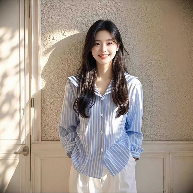 Blue Stripesd Navy Collar Long-Sleeved Shirt 2025 Early Autum New Women's Korean Chic Chic Fashion Top