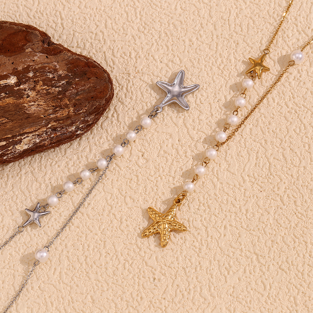 Starfish Pearl Asymmetrical Stainless Steel Necklace