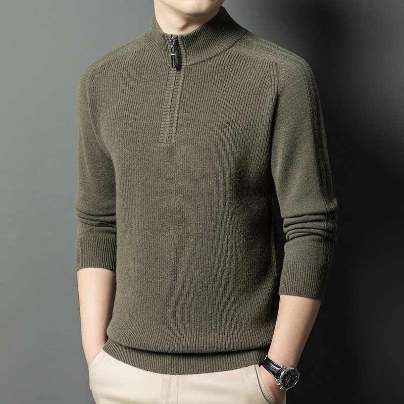 Winter woolen knitted casual solid color base sweater with zipper