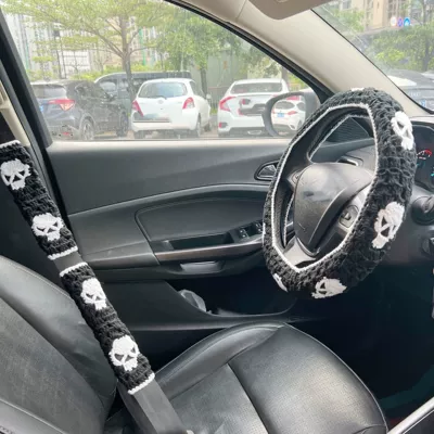 Steering wheel cover — Crocheted Cute Flowers Car Interior - black-skull-steering-wheel-cover1seat-belt-cover2