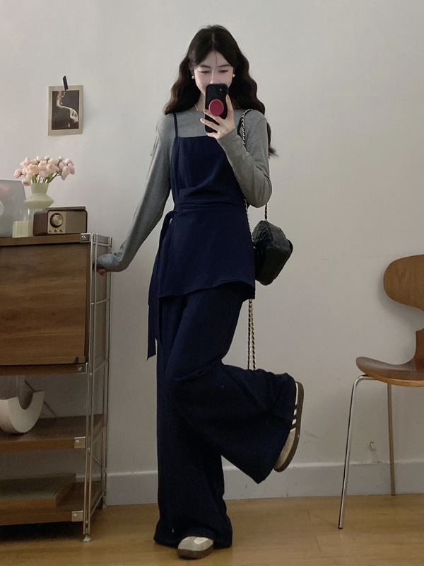 早秋穿搭一整套女大码胖显瘦遮肚减龄吊带背心上衣阔腿裤三件套|undefined