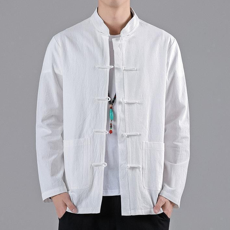 Chinese Style Spring and Autumn Long-sleeved Base Shirt with Buckle Collar and Antique Tang Style Chinese Style Vintage Cotton and Linen Buckle Shirt Chinese Style Spring and Autumn Long-sleeved Base Shirt with Buckle Collar and Antique Tang Style Chinese Style Vintage Cotton and Linen Buckle Shirt