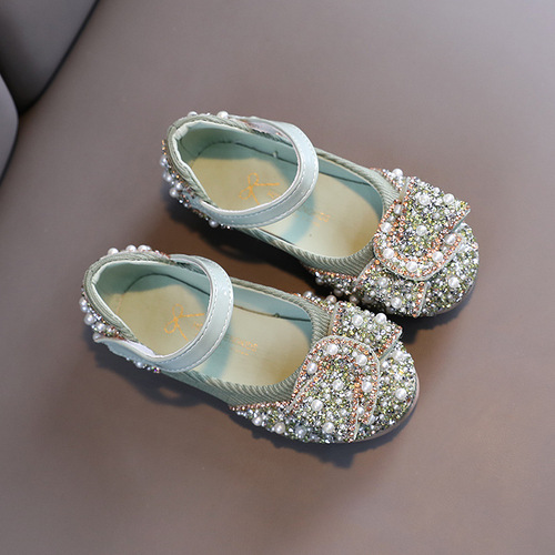 2024 Girls' Single Shoes Spring and Autumn New Leisure Diamond Butterfly Knot Medium and Small Children Dance Shoes Performance Shoes Princess Shoes