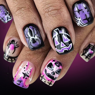 Short Shiny Square Nails 2025 New Halloween Wearable Nails Purple Spider French Spider Web Pumpkin Ghost Face 24 Pieces