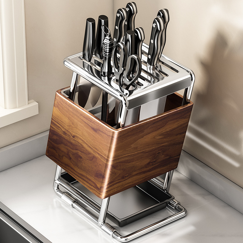 Knife Holder Storage Rack Kitchen Countertop Multi-Functional Wood Grain Knife Holder Chopstick Storage Rack 2025 New Kitchen Knife Placement Seat