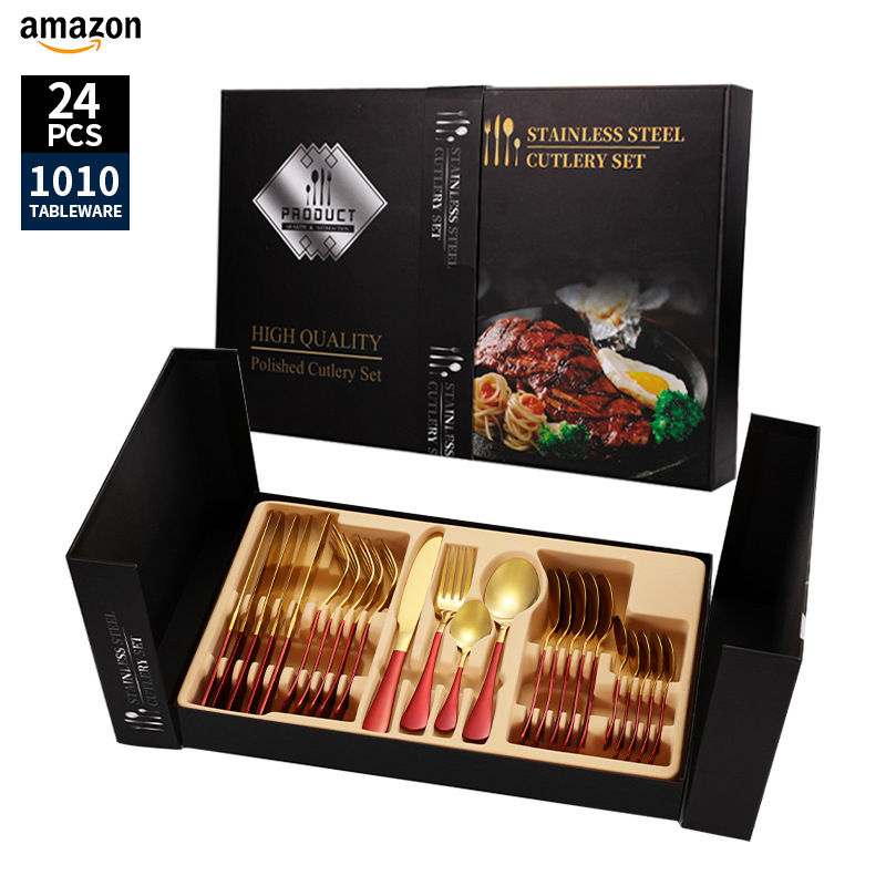 Juego de vajilla de acero inoxidable de Amazon transfronterizo 1010 Cuchillos, tenedores y cucharas de comida occidental Juego de 24 piezas Cuchillos y cucharas de bistec
