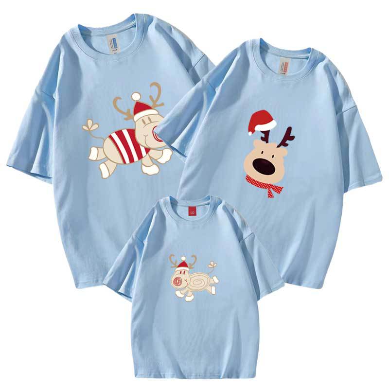 Mameluco verano ciervos de Navidad de producción propia de algodón peinado ropa de padres e hijos ropa de clase impresa ropa para niños manga corta cuello redondo Camiseta