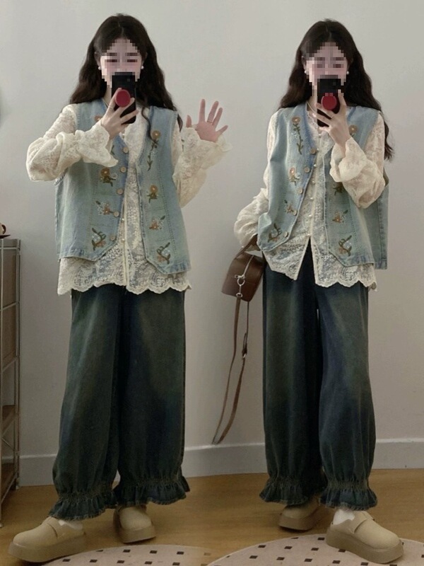 Autumn Outfit Set for Plus-Size Women: Shirt, Vest, Jeans, Korean Style, Age-Reducing, High-End Layered Set for Women