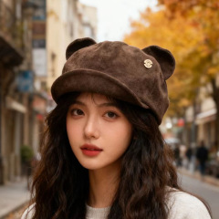 一帽多戴猫耳朵麂皮绒贝雷帽女秋季帽子宽檐显脸小画家帽八角帽潮