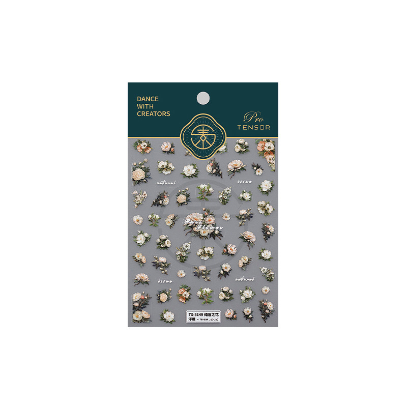 TENSOR Japonés 5D flor etiqueta engomada del clavo pro esmerilado Delgado pegamento trasero transparente Delgado resistente pegatina TS-3148 flor pura