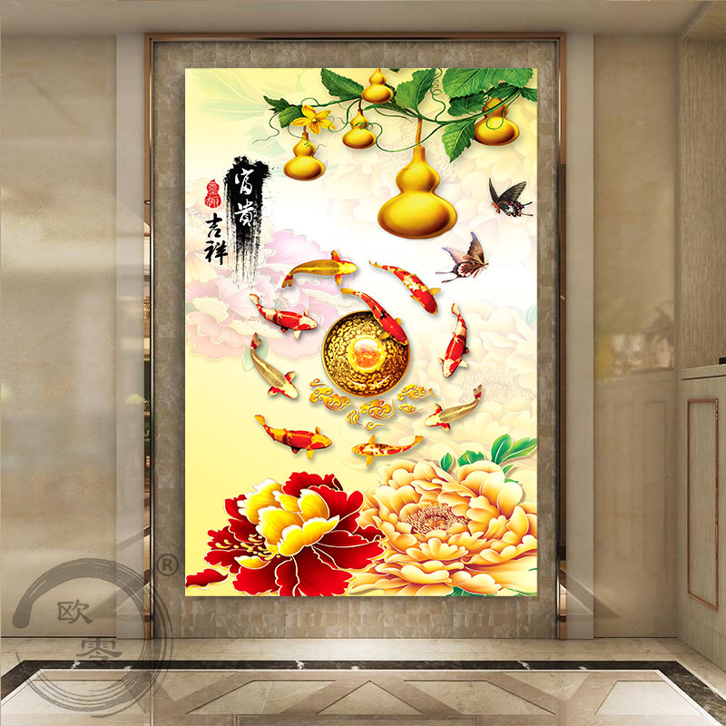 九魚図装飾画招財風水客間廊下通路入戸玄関壁画ハスの花竹壁貼り掛け絵|undefined