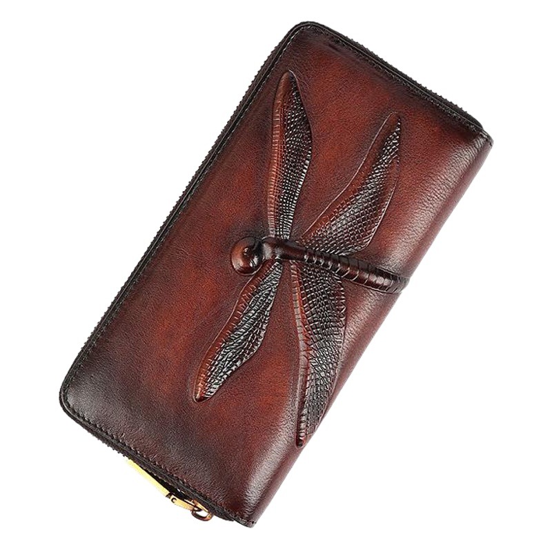 Cartera vintage de cuero de vaca de primera capa con relieve de libélula, cartera larga tipo clutch de cuero genuino de gran capacidad para mujer, tarjetero.