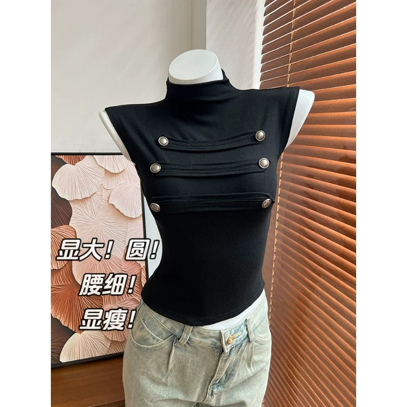 European and American style Napoleon-inspired half-turtleneck vest for women, new autumn collection, trendy short-sleeve crop top, versatile and stylish European and American style Napoleon-inspired half-turtleneck vest for women, new autumn collection, trendy short-sleeve crop top, versatile and stylish