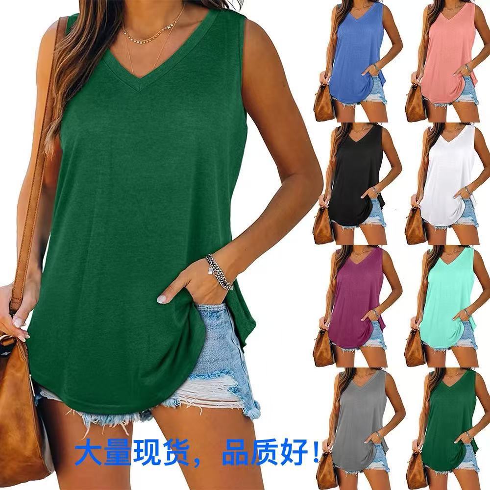 2024 아마존 새로운 소원 유럽과 미국의 폭발 V-neck Dovetail 소매 없는 단색 Vestibule 티셔츠 국경 간 대외 무역 여성복