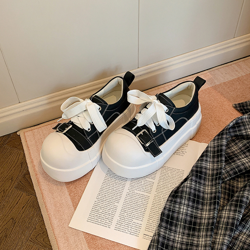 Giày sneaker nữ đế dày da thật phong cách platform khóa dây — màu đen, màu trắng