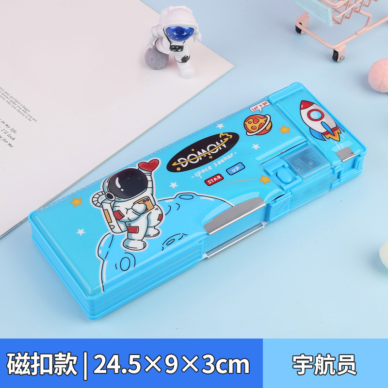 Caja de papelería con bloqueo de contraseña, botón multifunción, caja de lápices de gran capacidad de doble cara, dinosaurio, escuela primaria, niño, niña, jardín de infancia