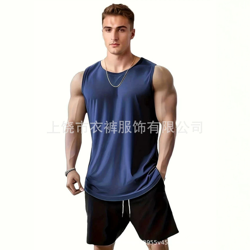 Cross-Border Round-Neck Vest with Curved Hem, Sleeveless Vest, Summer Marathon Quick-Drying Men's Sports Fitness Vest