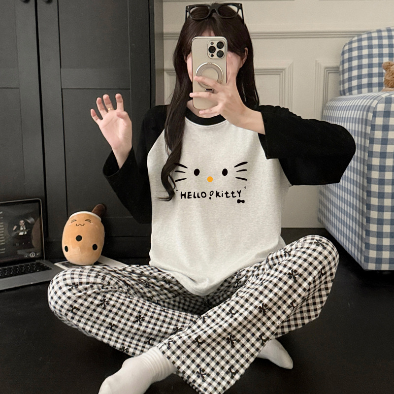 Cartoon Girl Long-Sleeved Cotton Pajamas for Women Spring and Autum Thin Cute Junior High School Girls Casual Home Wear Set