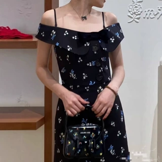 【现货秒发】2026南油品质 春夏对称印花一字肩连衣裙