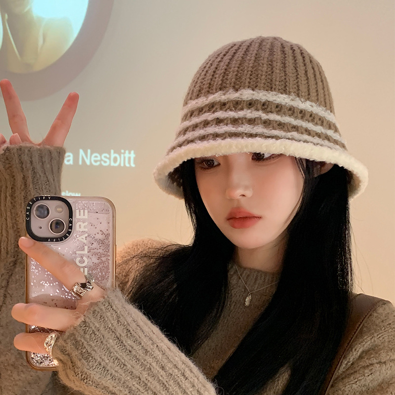 Autunno e inverno nuovo cappello coreano a righe lavorato a maglia con viso piccolo a secchiello per esterni in lana lavorata a maglia calda e alla moda_voghion.com