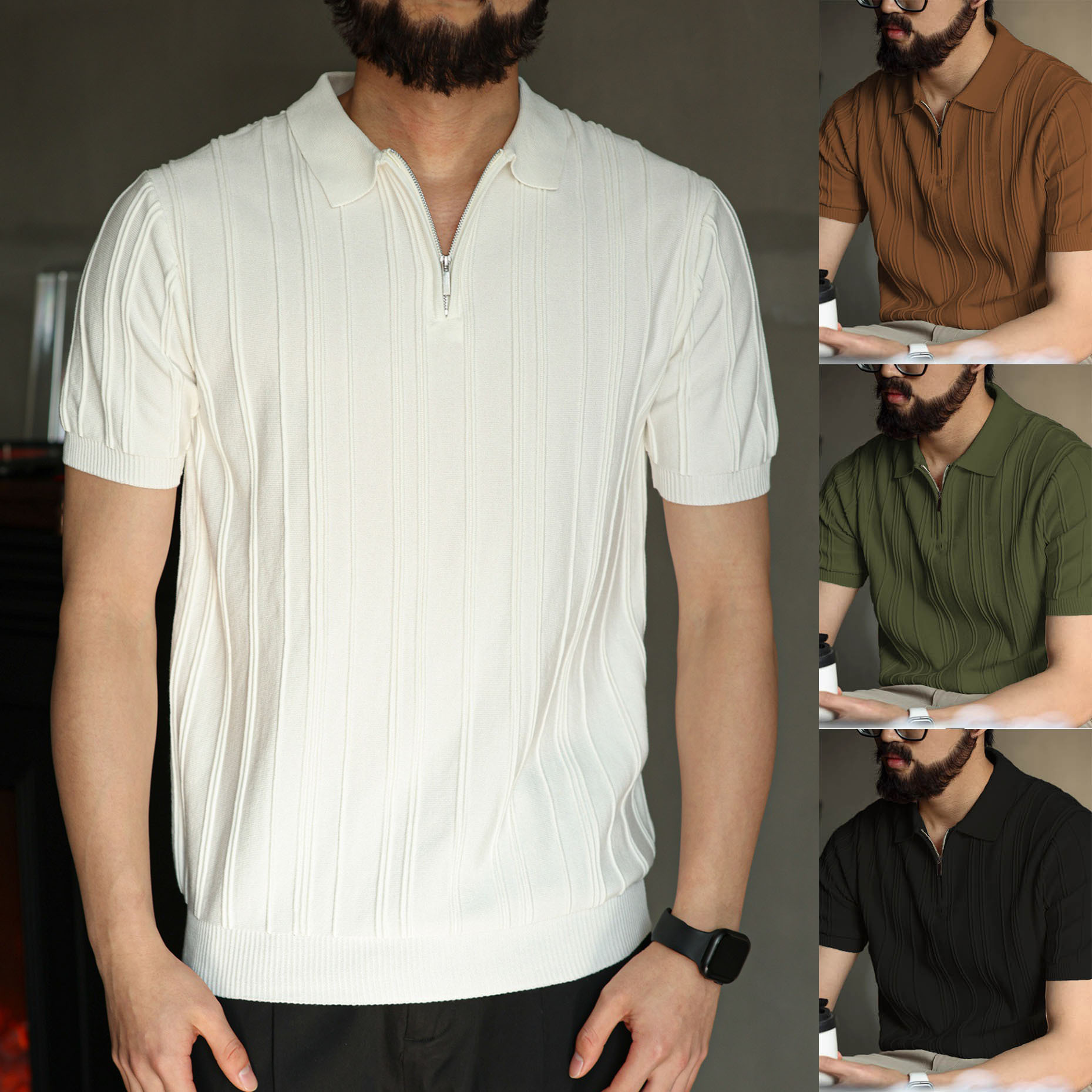 Polo camiseta de punto camiseta de manga corta hombre solapa media cremallera rayas viejas camisetas de hielo de viento de verano fábrica transfronteriza al por mayor