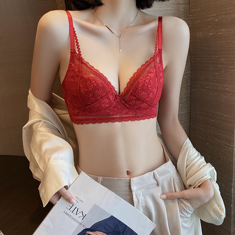 2024 New Red Underwear Set Zodiac Year Sexy Lace Bra Push-Up Anti-Sagging and Secondary Breast Reduction Underwear