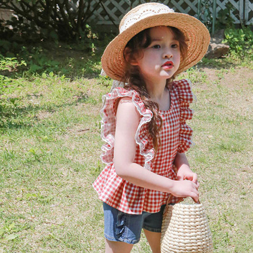Girls' Gingham Ruffled Vest 2024 Summer Sleeveless Doll Shirt 3-10 Years Children's Pure Cotton Trimmed Shirt 