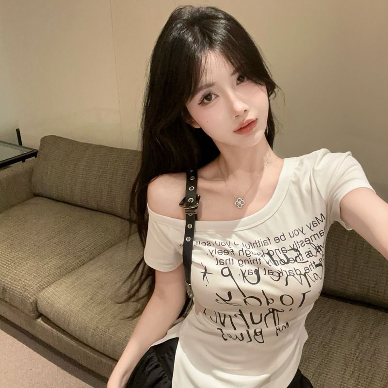 不规则斜肩短袖t恤女夏季美式辣妹一字肩上衣设计感小众独特漂亮|undefined