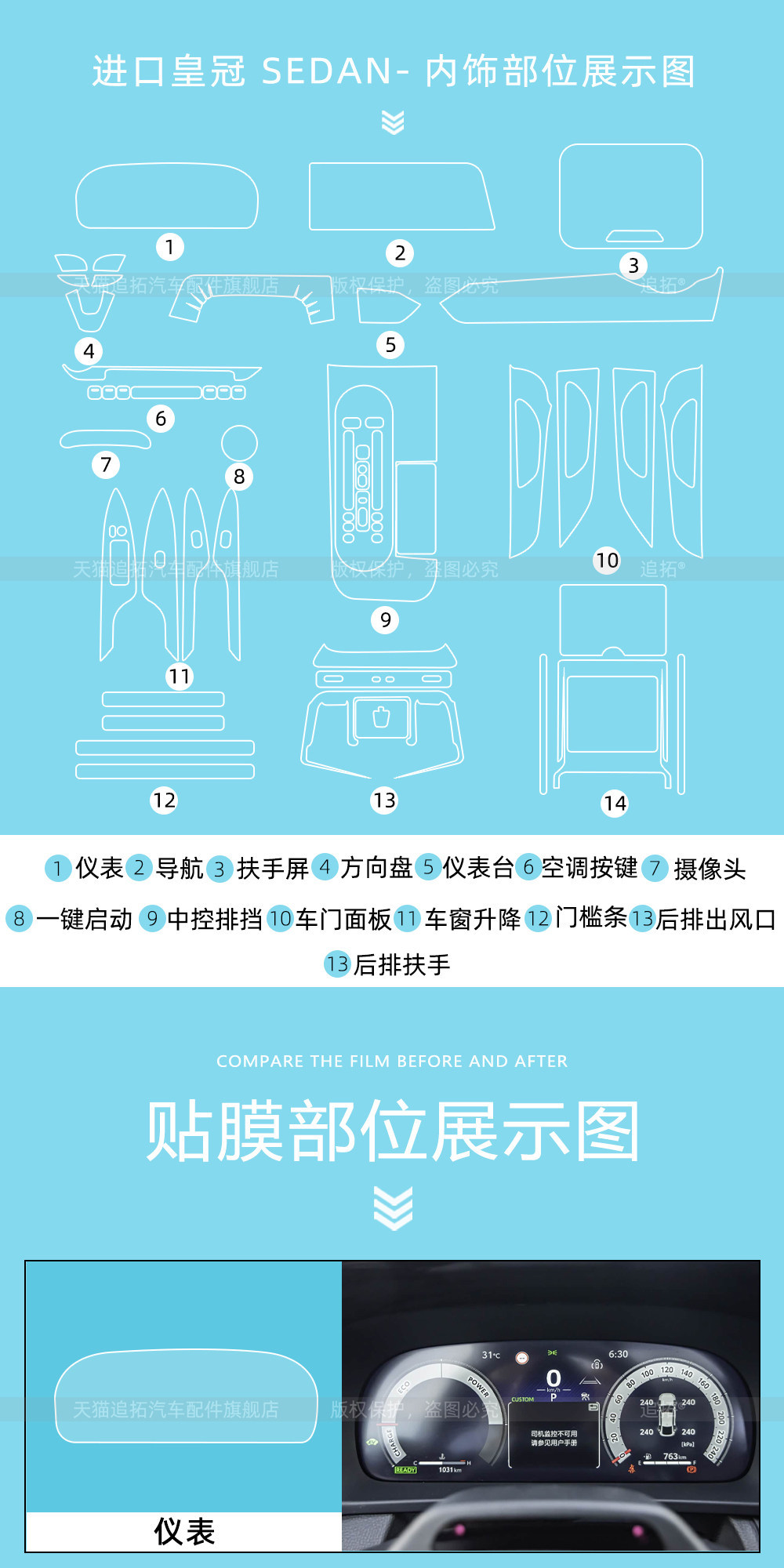 Suitable for 26 Models of Imported Toyota Crown Sedan Interior Protective Film, 16Th Generation Instrument Panel and Central Control Screen Tempered Film