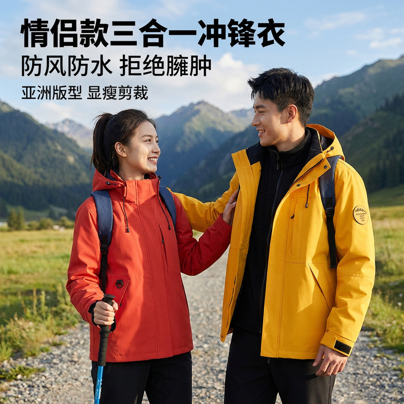 LuoTuoJia outdoor jacket for women, three-in-one jacket two-piece set, men's windproof and waterproof travel and mountaineering clothing