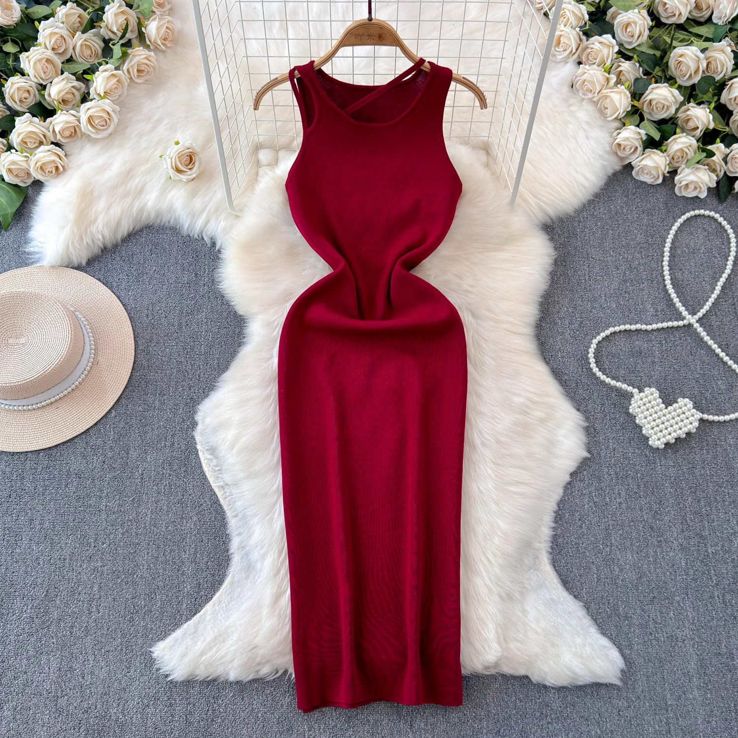 Sexy summer fashionable long knitted elastic fitted sleevless dress…
