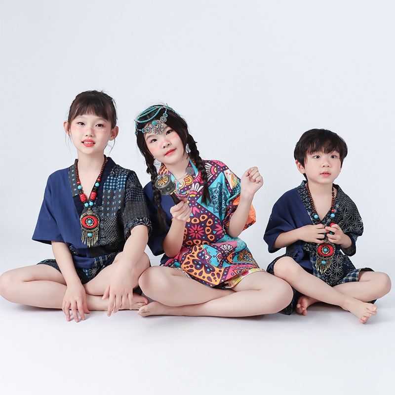 23新款中国风民族风儿童夏季家居服睡衣套装短裤短袖浴服汗蒸服女
