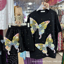 时尚套装欧货设计感蝴蝶镶钻短袖T恤上衣女+松紧腰阔腿短裤两件套