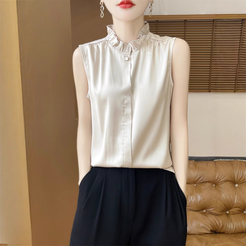 Wholesale Chinese-Style Acetate Satin Sleeveless Shirt for Women, Inner Wear Shirt, Base Layer Cardigan, National Style Ruffled Collar Vest
