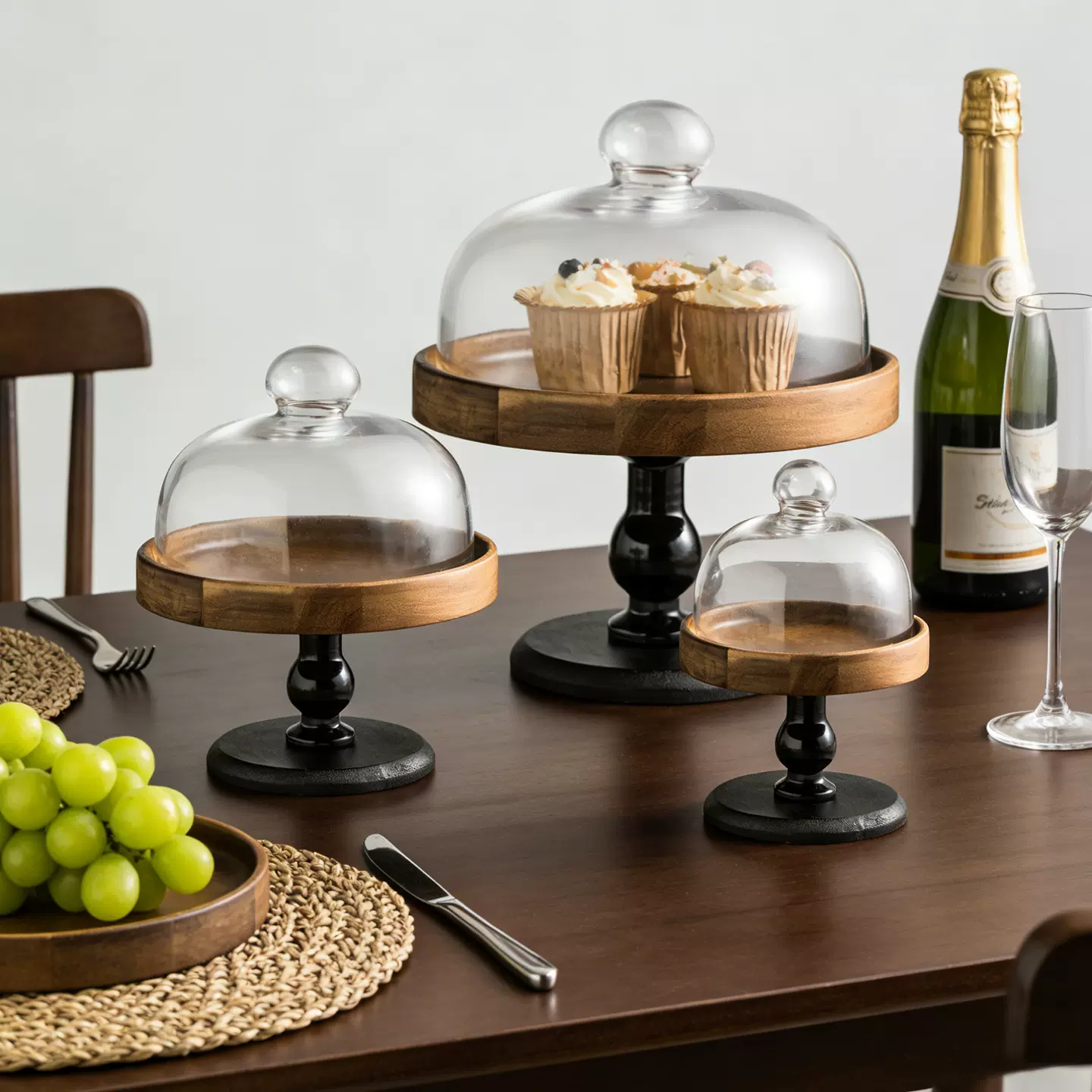 复古风相思木高脚护边托盘家用带盖蛋糕盘点心水果盘防尘小吃摆盘