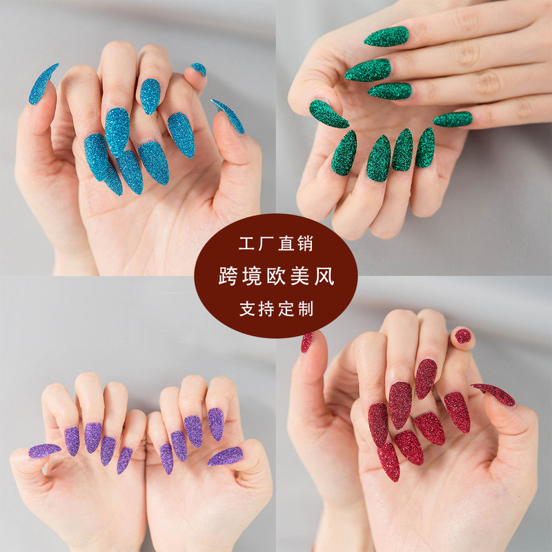 Pointed powder-filled nail-wearing water drop-wearing nail art fake nail piece cross-border short with sequins nail art finished product Pointed powder-filled nail-wearing water drop-wearing nail art fake nail piece cross-border short with sequins nail art finished product