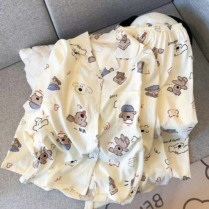 Al por mayor transfronterizo cien pijamas de verano mujeres 2025 nuevas nubes de algodón pantalones de manga larga dibujos animados lindos ropa para el hogar