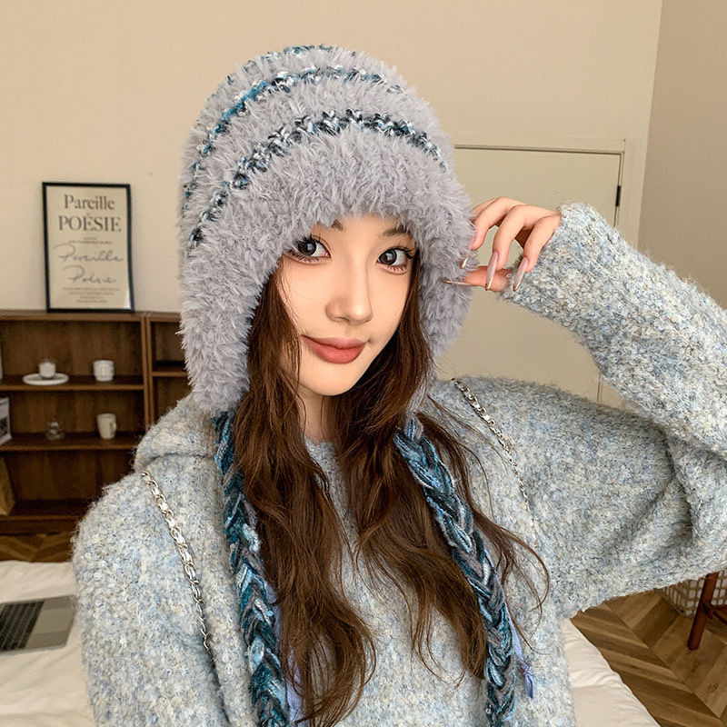 秋冬の女性向けの新しい顔が見える小さな多用途ぬいぐるみニットプルオーバー帽子、防寒、暖かい耳保護ストラップ付きサイクリングウール帽子|undefined