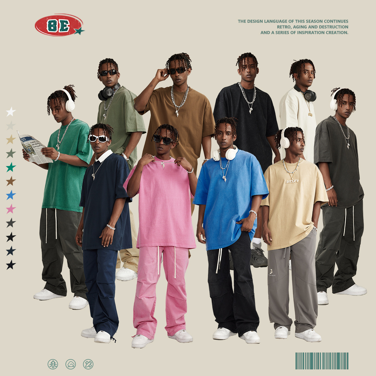 BE ropa de hombre 2025 primavera y verano 260G camiseta lavada de algodón puro retro marca de moda joven camiseta suelta Europa y América hombres transfronterizos