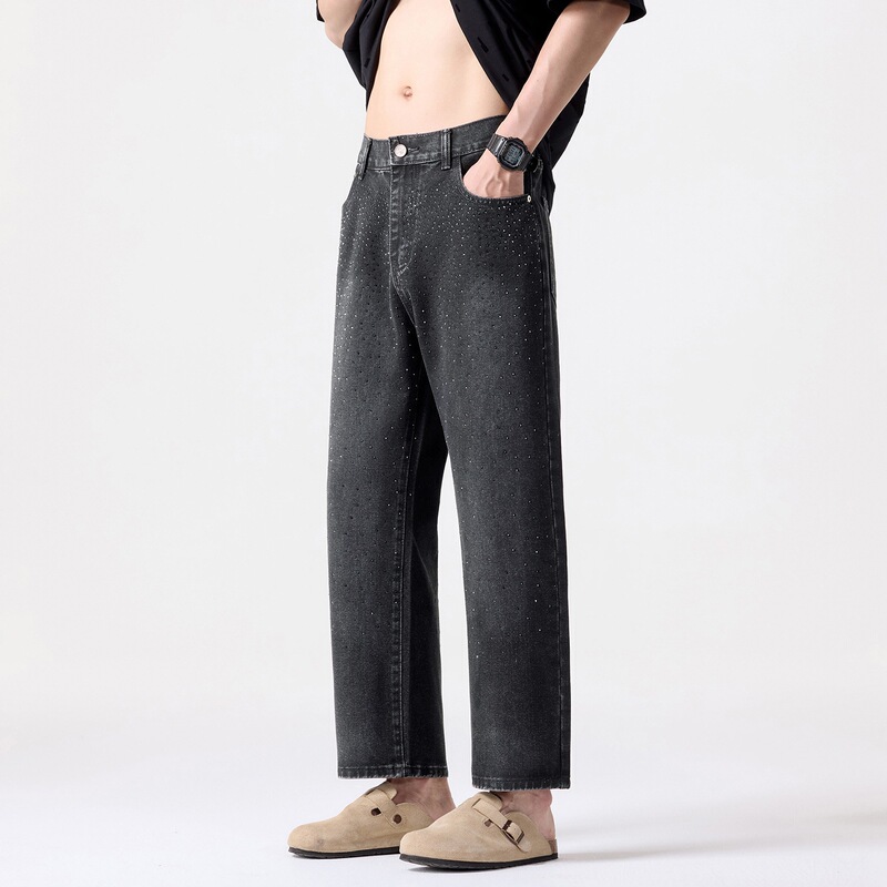 2026 Starry Sky Rhinestone Washed Straight-Leg Jeans for Men, Nine-Point Pants, Loose Fit, Men's Black Denim
