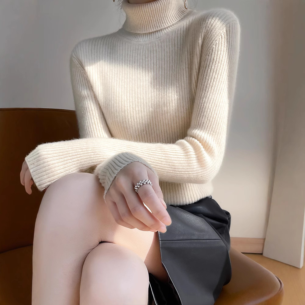 Women's Clothing High Neck Sweater Solid Color Thick Long Sleeve Slim Fit High Elastic Knitted Base Layer Winter Innerwear_ecoleips.com