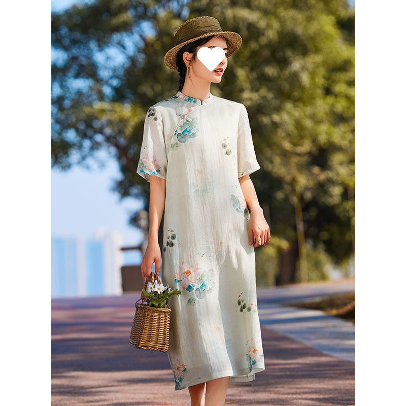 Классическое и элегантное улучшенное платье Cheongsam из рами в китайском стиле с цветочным принтом, слегка свободное элитное элегантное новое платье