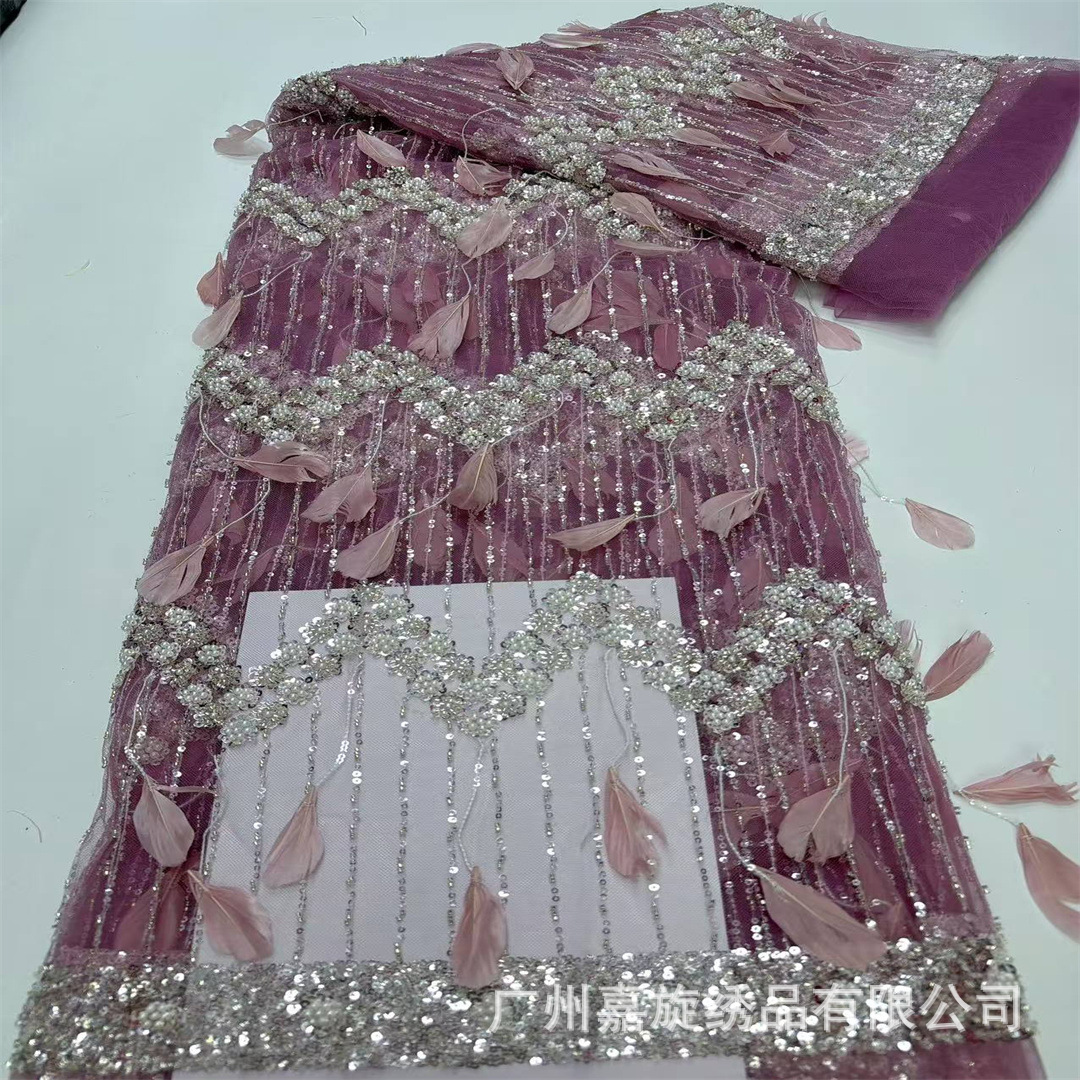 Nueva pluma vestido de tela brillante tubo de cuentas de lentejuelas tela de encaje boda laceJX2725