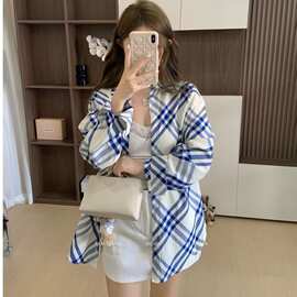 菱格条纹衬衫女款韩版港味复古chic上衣防晒衫宽松显瘦男友风衬衣