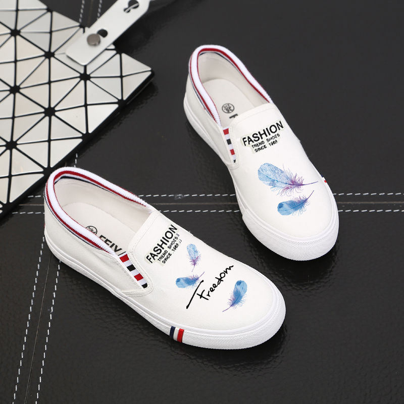 帆布鞋女学生韩版一脚蹬懒人鞋卡通涂鸦透气平底布鞋子单鞋小白鞋