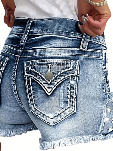 Women'S Ripped Denim Shorts Stars Embroidered Stretch Jeans