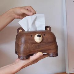 木製の熊のティッシュの箱のアイデアの漫画の木製のかわいいデスクの客間の黒いくるみの木は紙のナプキンの箱を引き出します。