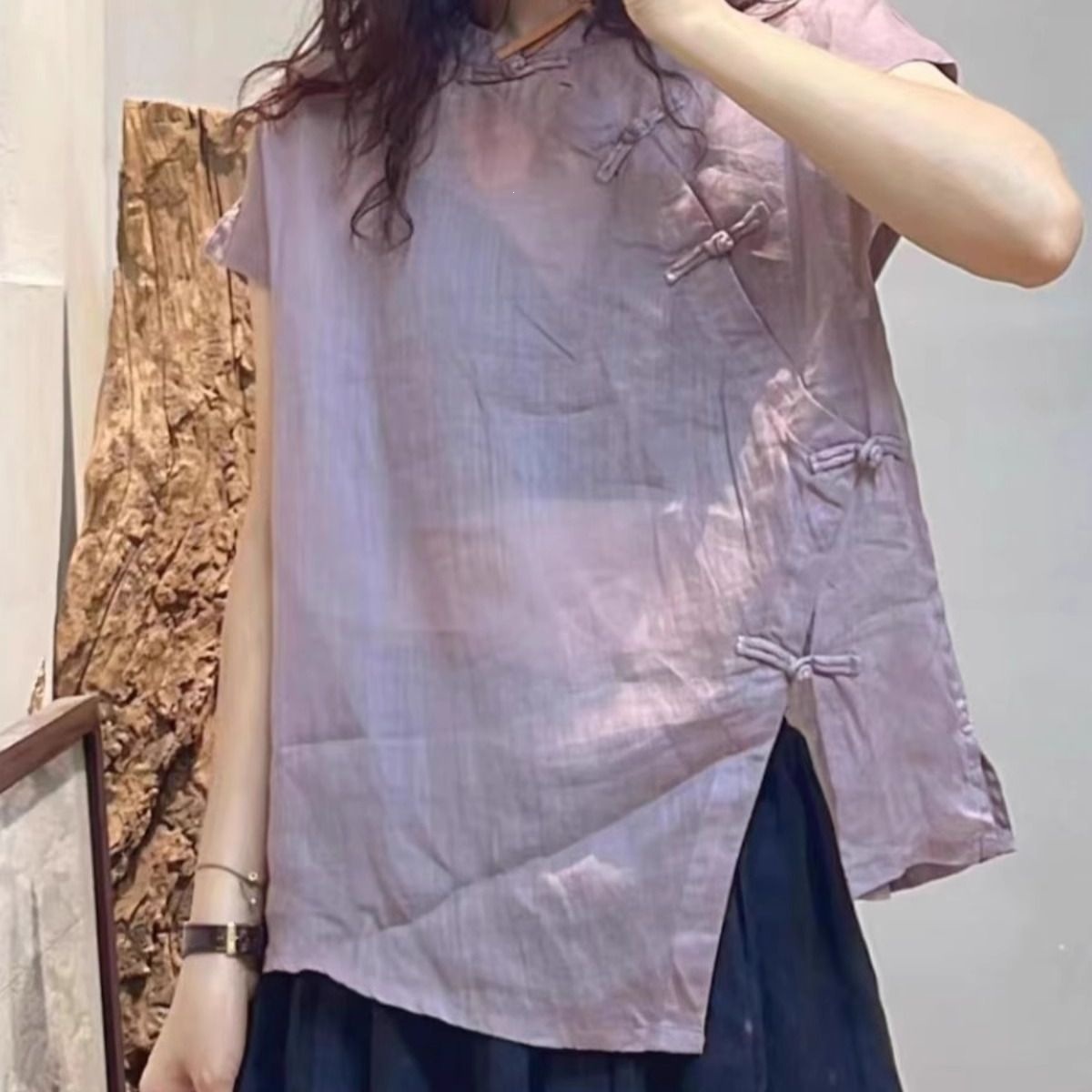 New Chinese-style retro purple asymmetrical collar button-down short-sleeve shirt for women, featuring a Chinese-inspired design with an irregular, Zen-inspired tea dress top for summer